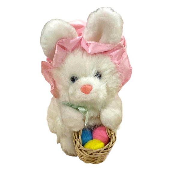 Vintage Applause White Easter Bunny 8" Stuffed Plush - Bonnet Straw Basket Eggs - Picture 2 of 12